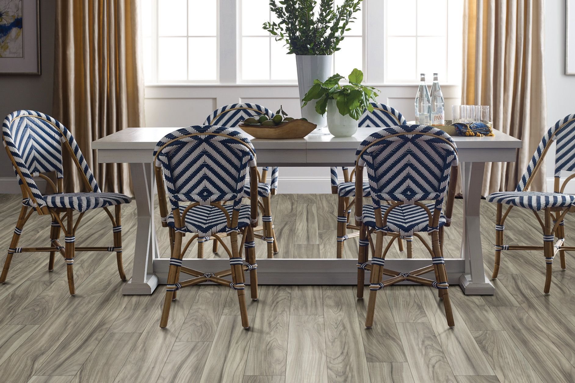 dining room with blue and white chairs